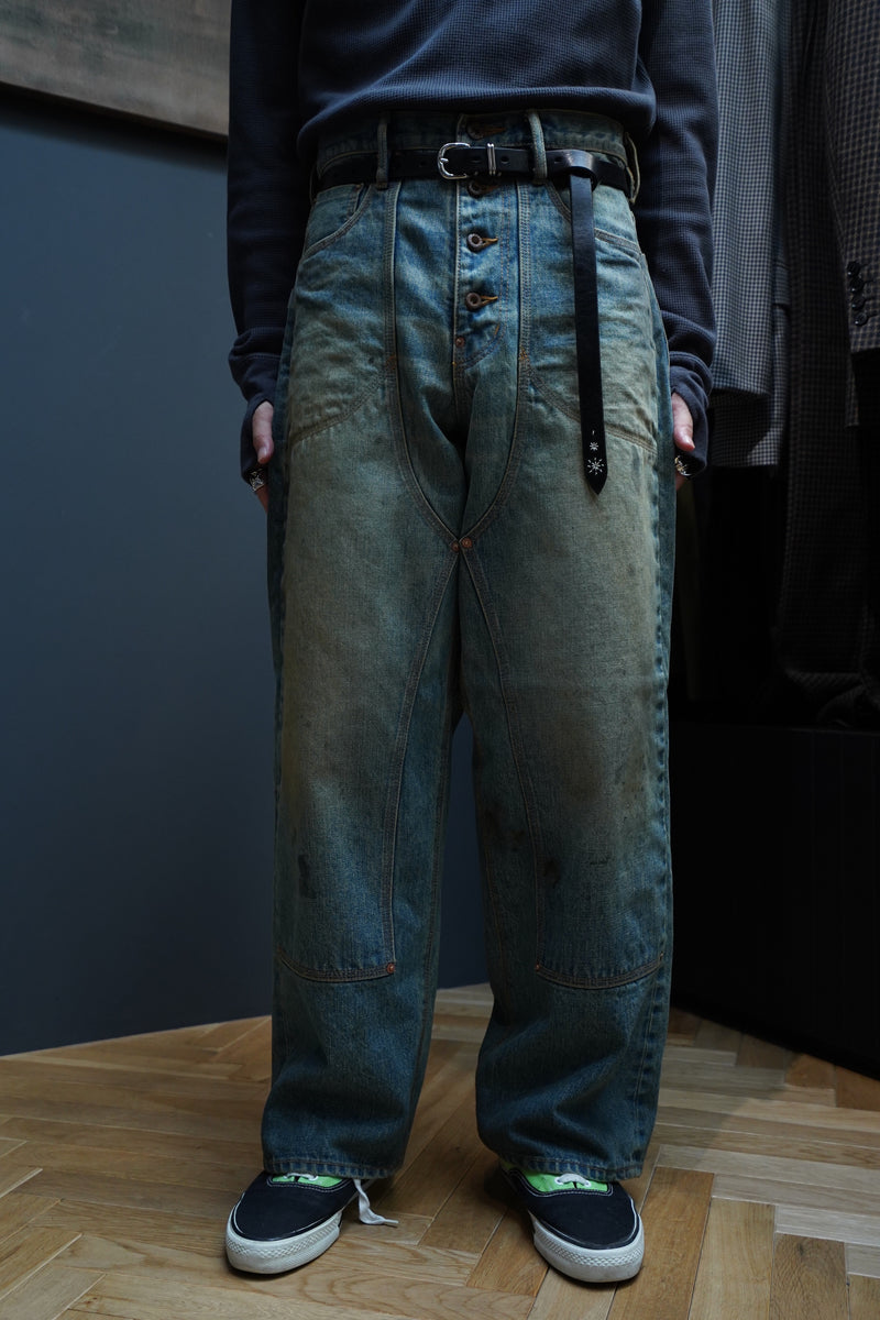 OILED FADE DOUBLE KNEE DENIM PANTS