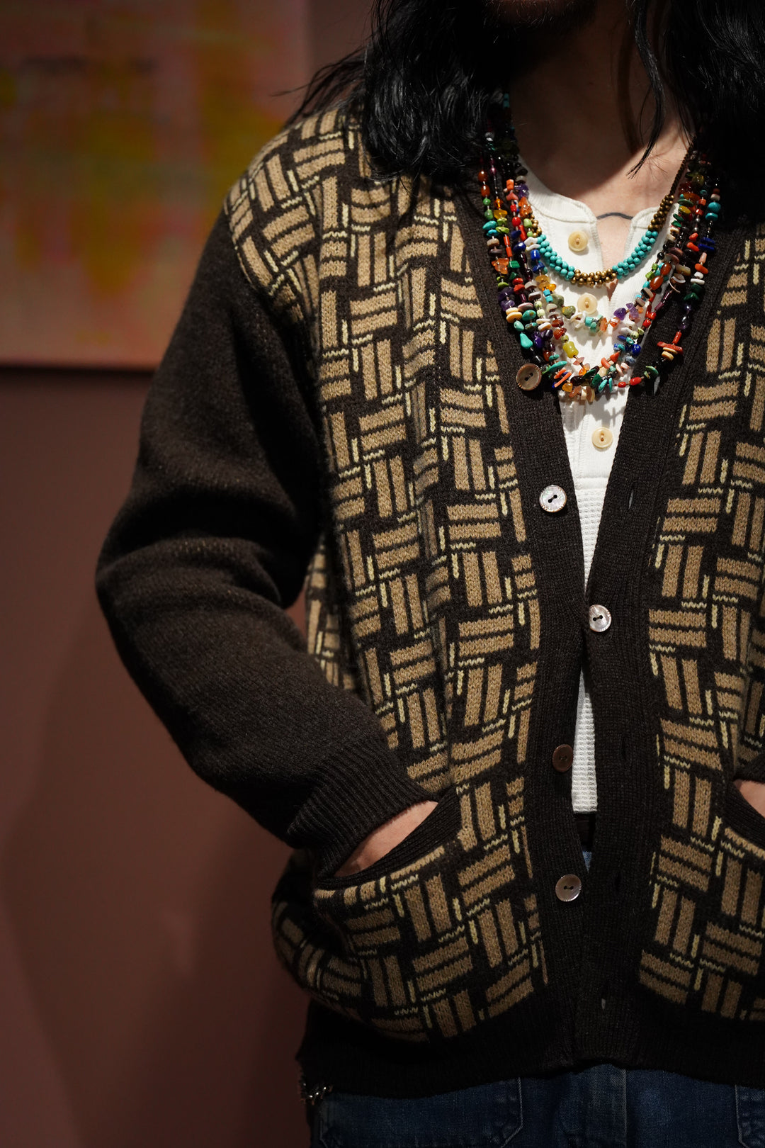 STEAF(スティーフ)のTILE KNIT CARDIGAN(GLOW BROWN)(ニット)の通販
