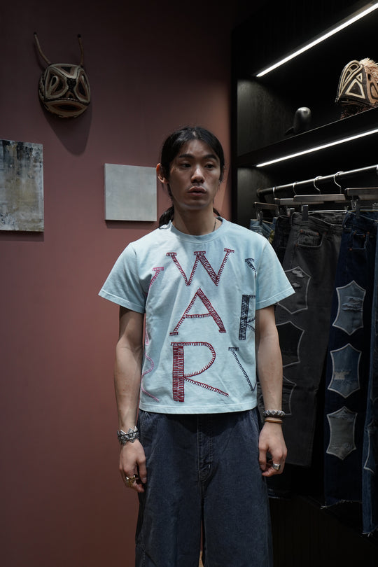 o*2様 ▪️新品未使用GLASS CYPRESS ダメージ加工 Tシャツ Glass Cypress(グラスサイプレス)25SSのLight Blue WAR T-Shirt(Light