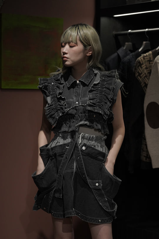 デニムベスト　HOUGA HOUGA(ホウガ)のjean frill belt(black)(ベスト)の通販