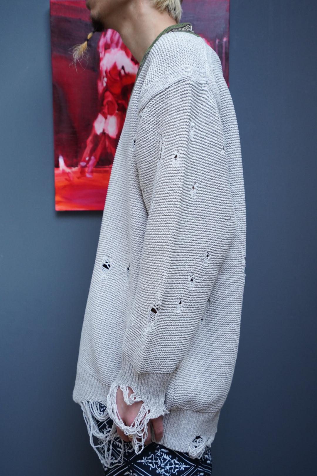 【YOURNUS】Haku Damage V-Neck Knit DAMAGE PROCESSED ASYMMETRIC LONG SLEEVE KNIT(S Black