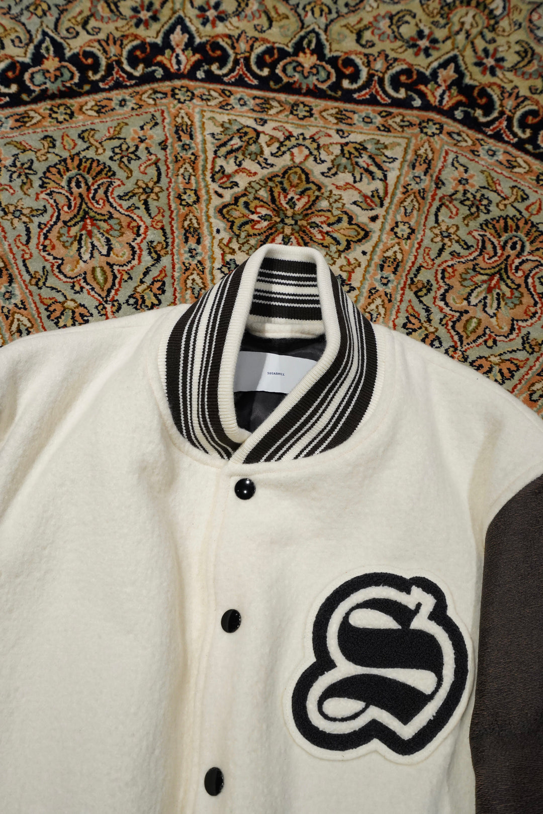 Sugarhill's GILL LEATHER STADIUM JACKET (CREAM WHITE X BLACK GILL